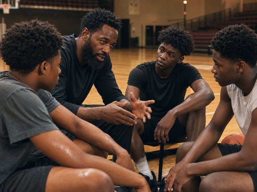 A coach sitting on a gym floor talking with four young players