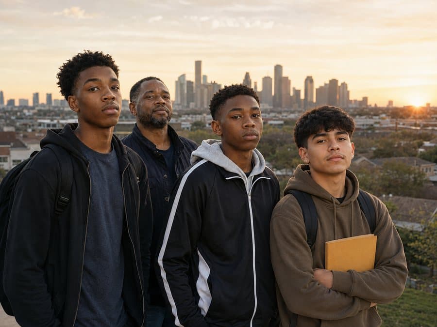 A man standing with three teenage boys, a city skyline behind them at sunset