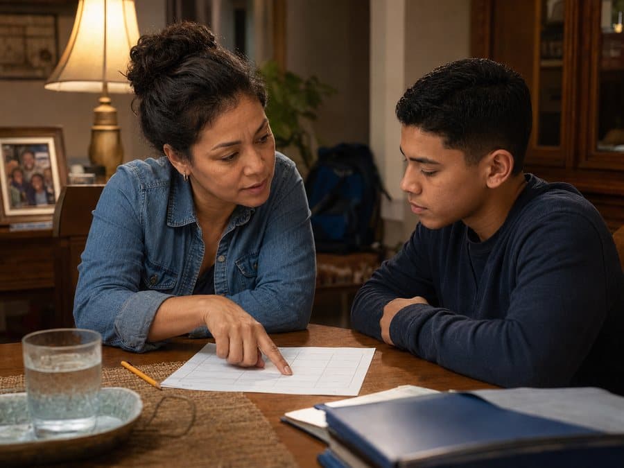 A mother sitting at a table going over a sheet of paper with her teenage son