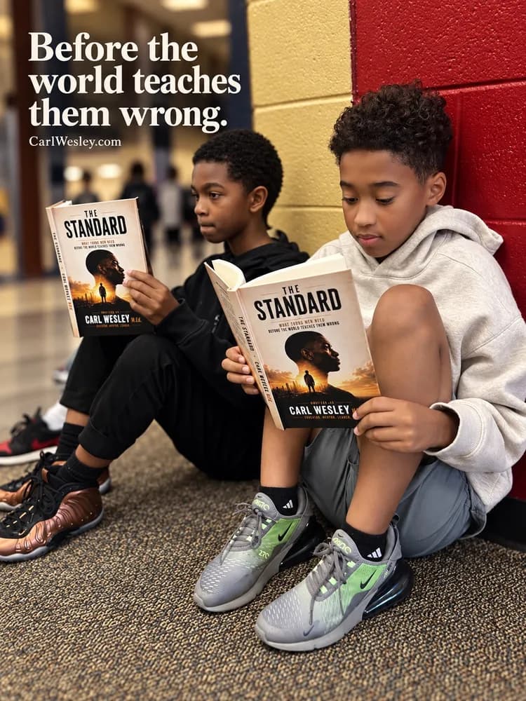 Before the world teaches them wrong. Two young readers with The Standard in the hallway