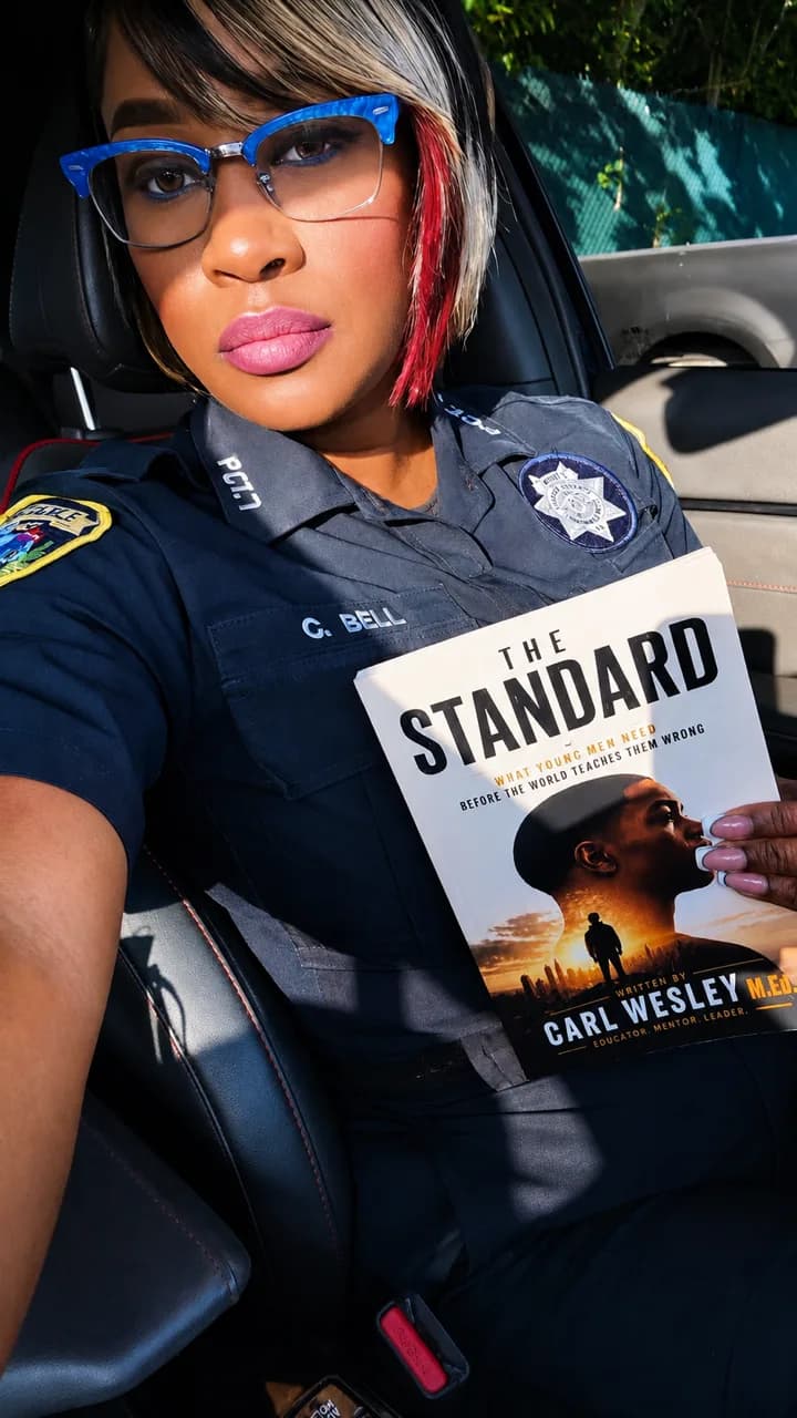 Community officer holding The Standard by Carl Wesley