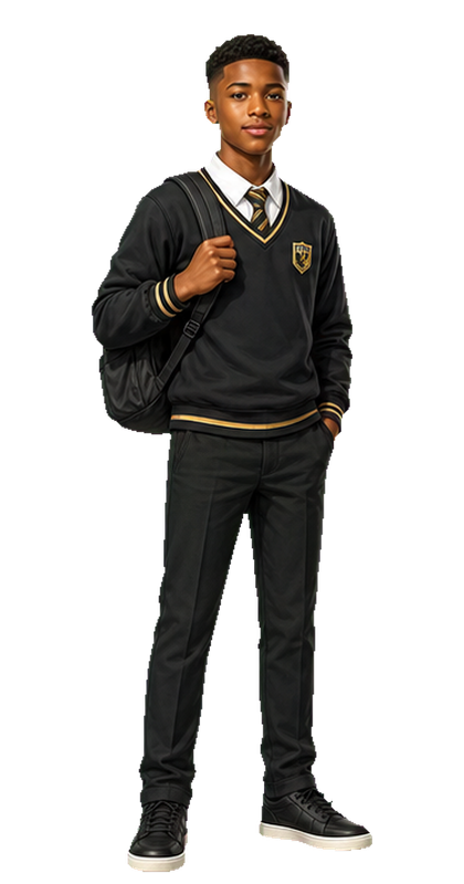 Young Man Journey focused student full-body character