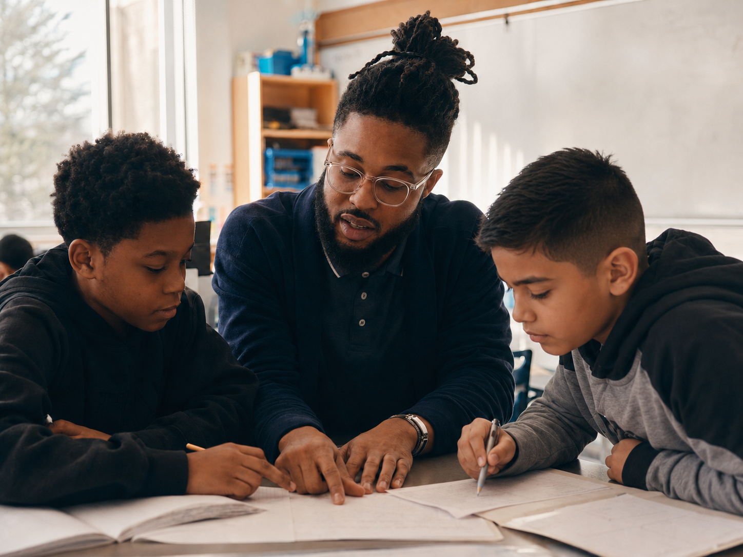 Educator working with boys in a structured classroom
